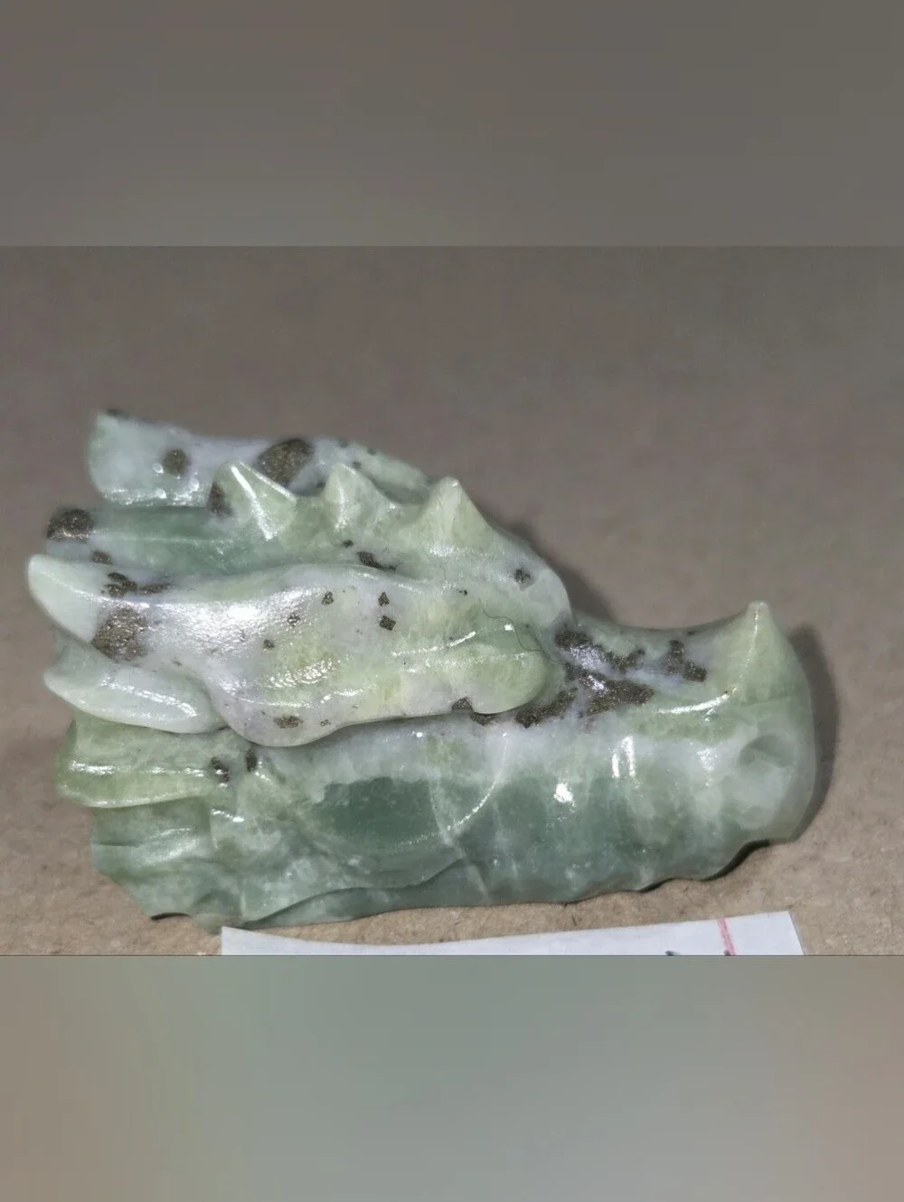 Detailed Kiwi Jasper Crystal Carved Dragon Head Stone Sculpture Decor
